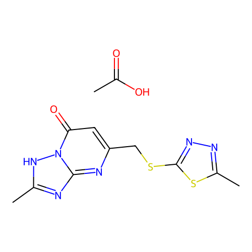 2-methyl-5-(((5-methyl-1,3,4-thiadiazol-2-yl)thio)methyl)-[1,2,4]triazolo[1,5-a]pyrimidin-7(4H)-one acetate structure
