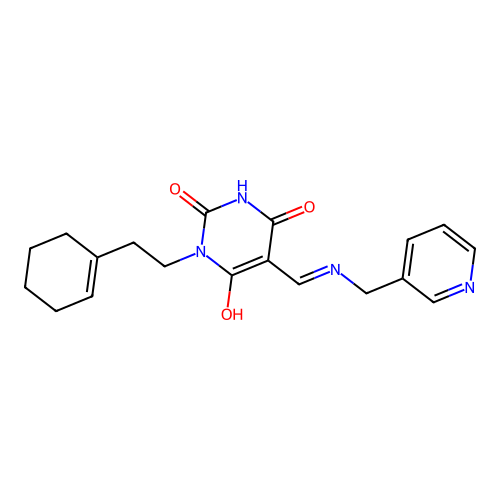 (5E)-1-[2-(cyclohexen-1-yl)ethyl]-5-[(pyridin-3-ylmethylamino)methylidene]-1,3-diazinane-2,4,6-trione structure