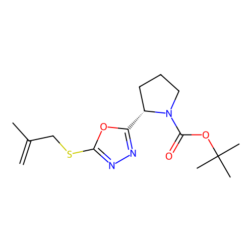 (S)-tert-butyl 2-(5-((2-methylallyl)thio)-1,3,4-oxadiazol-2-yl)pyrrolidine-1-carboxylate structure