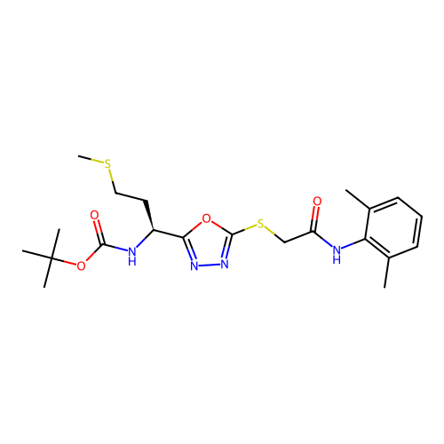 (S)-tert-butyl (1-(5-((2-((2,6-dimethylphenyl)amino)-2-oxoethyl)thio)-1,3,4-oxadiazol-2-yl)-3-(methylthio)propyl)carbamate structure