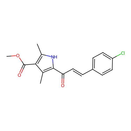 (E)-methyl 5-(3-(4-chlorophenyl)acryloyl)-2,4-dimethyl-1H-pyrrole-3-carboxylate structure