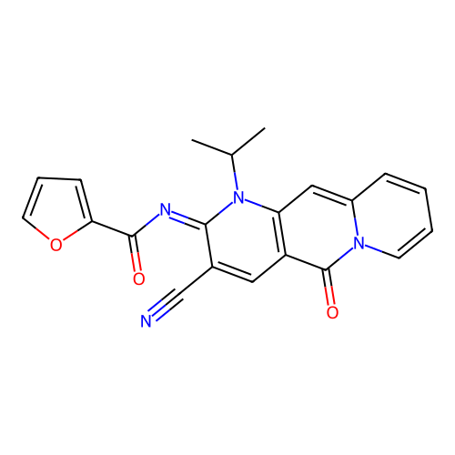 N-(3-cyano-5-oxo-1-propan-2-ylpyrido[1,2-g][1,6]naphthyridin-2-ylidene)furan-2-carboxamide structure