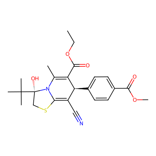 (3S,7R)-ethyl 3-(tert-butyl)-8-cyano-3-hydroxy-7-(4-(methoxycarbonyl)phenyl)-5-methyl-3,7-dihydro-2H-thiazolo[3,2-a]pyridine-6-carboxylate structure