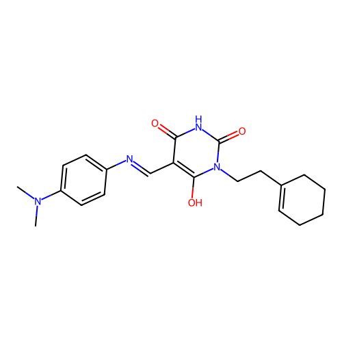 (5Z)-1-[2-(cyclohexen-1-yl)ethyl]-5-[[4-(dimethylamino)anilino]methylidene]-1,3-diazinane-2,4,6-trione structure