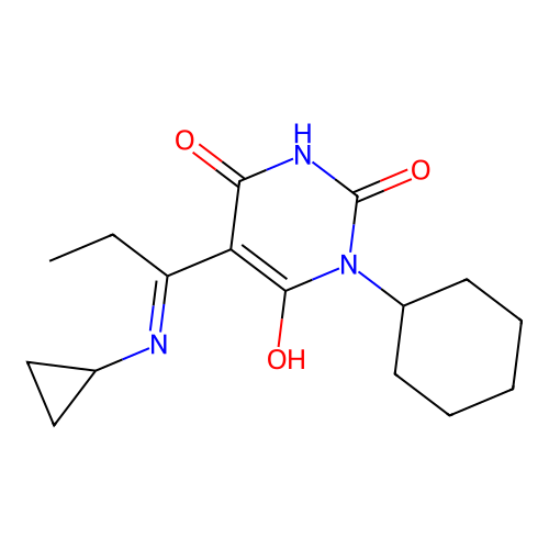(E)-1-cyclohexyl-5-(1-(cyclopropylamino)propylidene)pyrimidine-2,4,6(1H,3H,5H)-trione structure