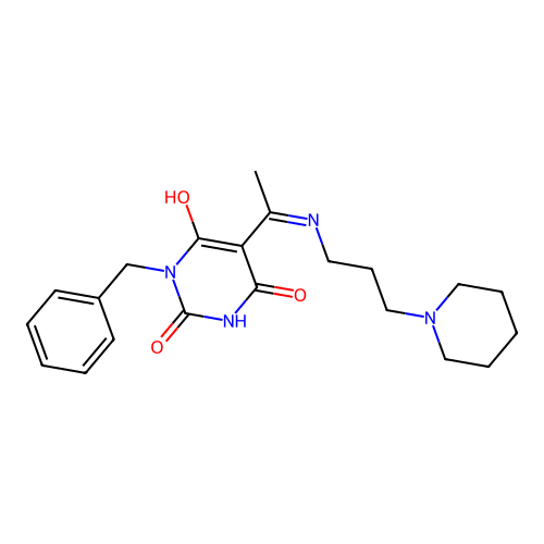 (5E)-1-benzyl-5-[1-(3-piperidin-1-ylpropylamino)ethylidene]-1,3-diazinane-2,4,6-trione structure