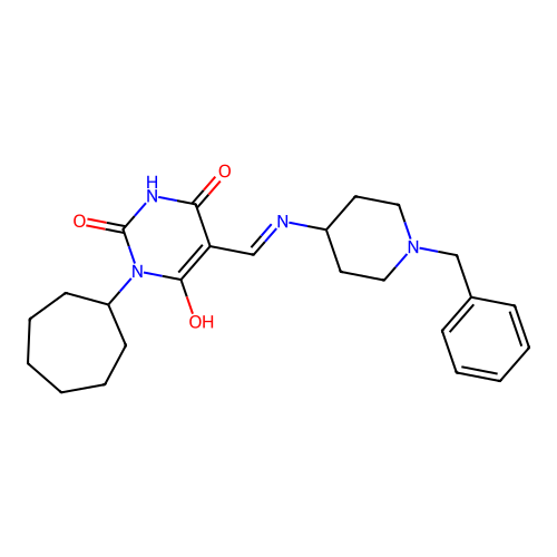5-[[(1-benzylpiperidin-4-yl)amino]methylidene]-1-cycloheptyl-1,3-diazinane-2,4,6-trione structure