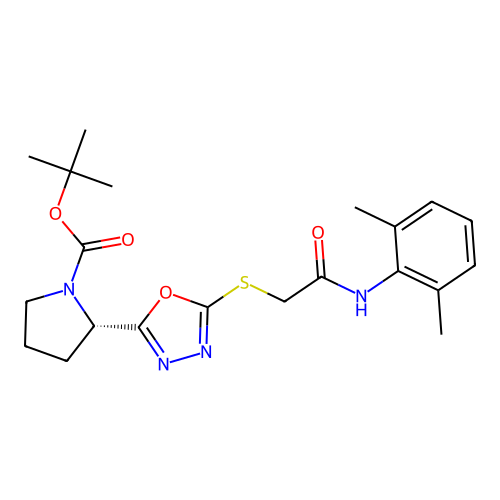 (S)-tert-butyl 2-(5-((2-((2,6-dimethylphenyl)amino)-2-oxoethyl)thio)-1,3,4-oxadiazol-2-yl)pyrrolidine-1-carboxylate structure