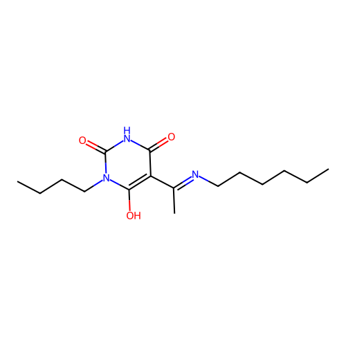(5E)-3-butyl-5-[1-(hexylamino)ethylidene]-6-hydroxypyrimidine-2,4(3H,5H)-dione structure