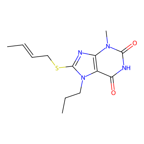 8-[(2E)-but-2-en-1-ylsulfanyl]-3-methyl-7-propyl-3,7-dihydro-1H-purine-2,6-dione structure