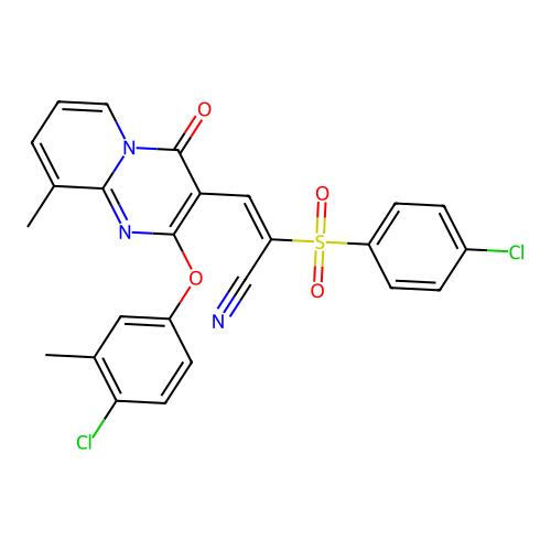 (E)-3-[2-(4-chloro-3-methylphenoxy)-9-methyl-4-oxopyrido[1,2-a]pyrimidin-3-yl]-2-(4-chlorophenyl)sulfonylprop-2-enenitrile structure