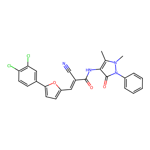 (2E)-2-cyano-3-[5-(3,4-dichlorophenyl)furan-2-yl]-N-(1,5-dimethyl-3-oxo-2-phenyl-2,3-dihydro-1H-pyrazol-4-yl)prop-2-enamide structure