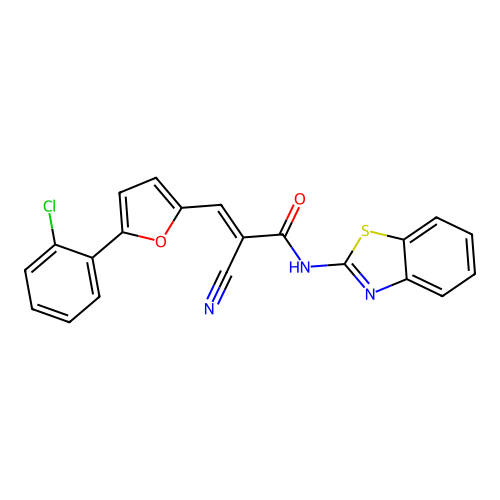 (E)-N-Benzothiazol-2-yl-3-[5-(2-chloro-phenyl)-furan-2-yl]-2-cyano-acrylamide structure