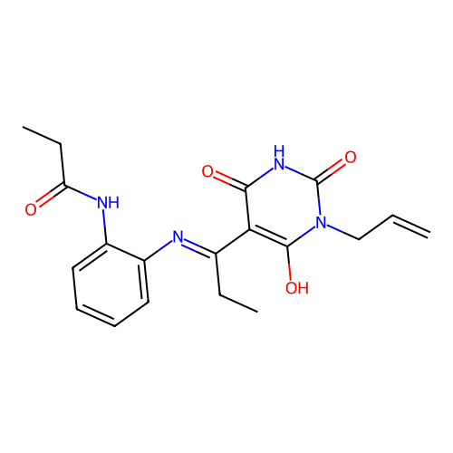 N-[2-[[(1E)-1-(2,4,6-trioxo-1-prop-2-enyl-1,3-diazinan-5-ylidene)propyl]amino]phenyl]propanamide structure