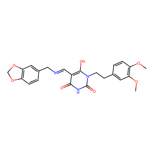 (5E)-5-[(1,3-benzodioxol-5-ylmethylamino)methylidene]-1-[2-(3,4-dimethoxyphenyl)ethyl]-1,3-diazinane-2,4,6-trione structure