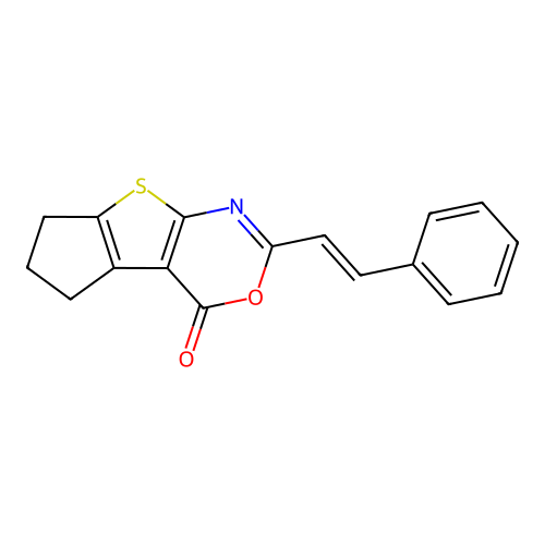2-(2-phenylvinyl)-6,7-dihydro-4H,5H-cyclopenta[4,5]thieno[2,3-d][1,3]oxazin-4-one structure