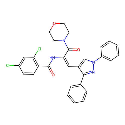 (E)-2,4-dichloro-N-(1-(1,3-diphenyl-1H-pyrazol-4-yl)-3-morpholino-3-oxoprop-1-en-2-yl)benzamide structure