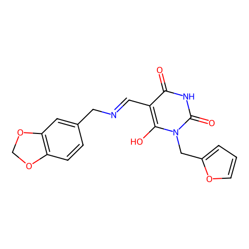 5-{[(2H-benzo[3,4-d]1,3-dioxolen-5-ylmethyl)amino]methylene}-1-(2-furylmethyl) -1,3-dihydropyrimidine-2,4,6-trione structure