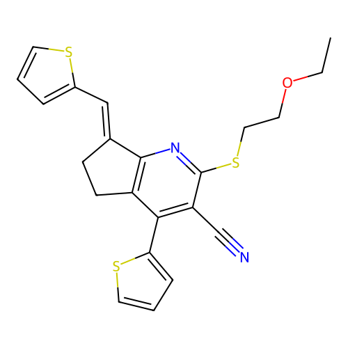 (7Z)-2-[(2-ethoxyethyl)sulfanyl]-4-(thiophen-2-yl)-7-[(thiophen-2-yl)methylidene]-5H,6H,7H-cyclopenta[b]pyridine-3-carbonitrile structure