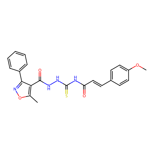 (E)-3-(4-Methoxy-phenyl)-N-[N'-(5-methyl-3-phenyl-isoxazole-4-carbonyl)-hydrazinocarbothioyl]-acrylamide structure