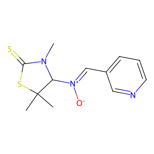 (Z)-3,5,5-trimethyl-N-(pyridin-3-ylmethylene)-2-thioxothiazolidin-4-amine oxide structure