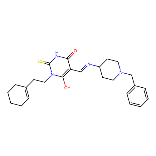 (5E)-5-[[(1-benzylpiperidin-4-yl)amino]methylidene]-1-[2-(cyclohexen-1-yl)ethyl]-2-sulfanylidene-1,3-diazinane-4,6-dione structure