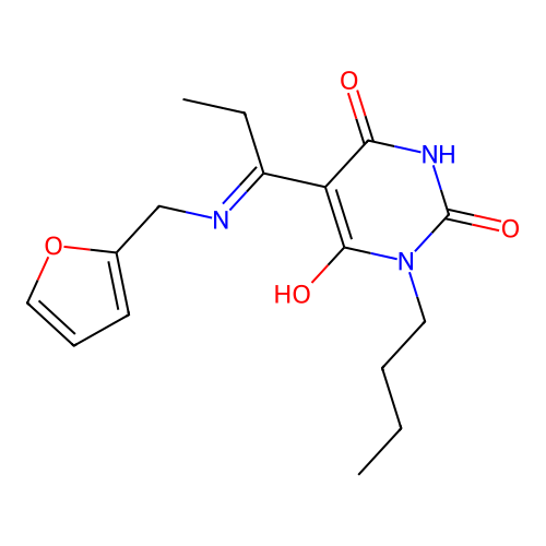 (5E)-1-butyl-5-[1-(furan-2-ylmethylamino)propylidene]-1,3-diazinane-2,4,6-trione structure