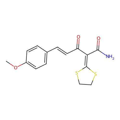 (E)-2-(1,3-dithiolan-2-ylidene)-5-(4-methoxyphenyl)-3-oxopent-4-enamide structure