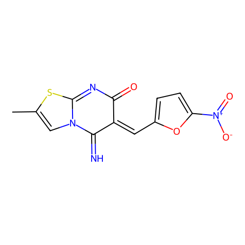 (6Z)-5-imino-2-methyl-6-[(5-nitrofuran-2-yl)methylidene]-[1,3]thiazolo[3,2-a]pyrimidin-7-one structure