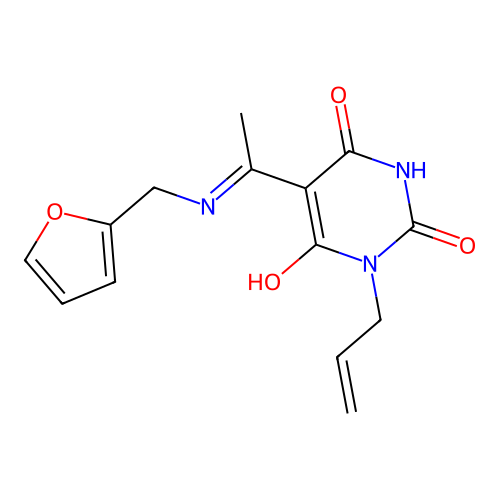 (Z)-1-allyl-5-(1-((furan-2-ylmethyl)amino)ethylidene)pyrimidine-2,4,6(1H,3H,5H)-trione structure