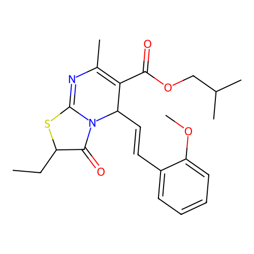 2-methylpropyl 2-ethyl-5-[(E)-2-(2-methoxyphenyl)ethenyl]-7-methyl-3-oxo-2,3-dihydro-5H-[1,3]thiazolo[3,2-a]pyrimidine-6-carboxylate structure