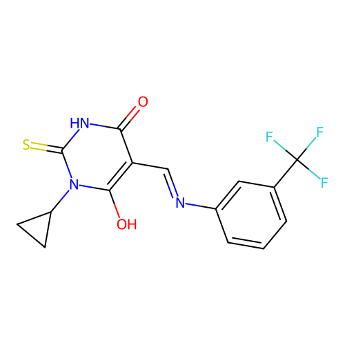 (5E)-1-cyclopropyl-2-sulfanyl-5-({[3-(trifluoromethyl)phenyl]amino}methylidene)pyrimidine-4,6(1H,5H)-dione structure