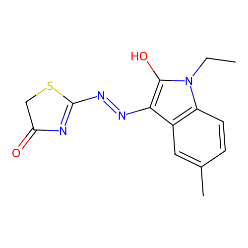 (E)-2-((Z)-(1-ethyl-5-methyl-2-oxoindolin-3-ylidene)hydrazono)thiazolidin-4-one structure