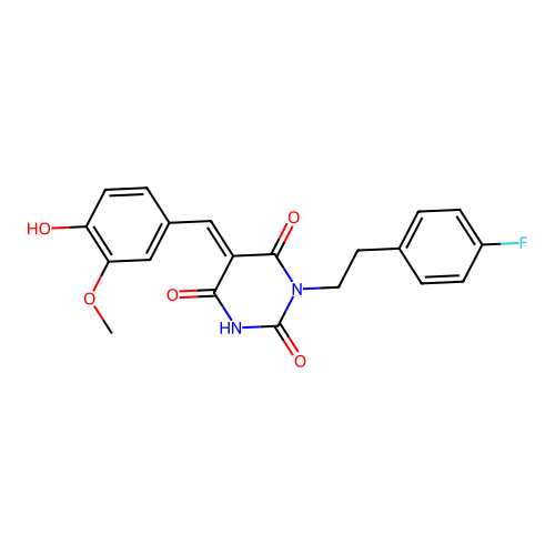 (5E)-1-[2-(4-fluorophenyl)ethyl]-5-vanillylidene-barbituric acid structure