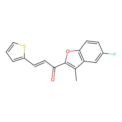 (E)-1-(5-fluoro-3-methyl-1-benzofuran-2-yl)-3-thiophen-2-ylprop-2-en-1-one structure