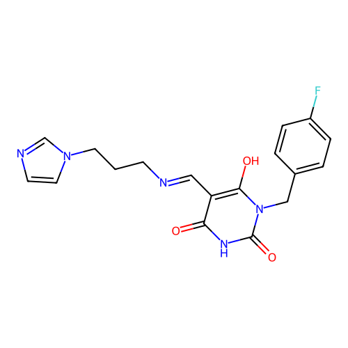 (5E)-1-[(4-fluorophenyl)methyl]-5-[(3-imidazol-1-ylpropylamino)methylidene]-1,3-diazinane-2,4,6-trione structure