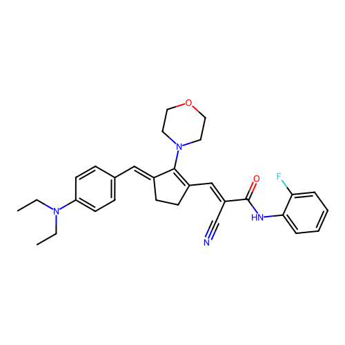 (E)-2-cyano-3-[(3E)-3-[[4-(diethylamino)phenyl]methylidene]-2-morpholin-4-ylcyclopenten-1-yl]-N-(2-fluorophenyl)prop-2-enamide structure
