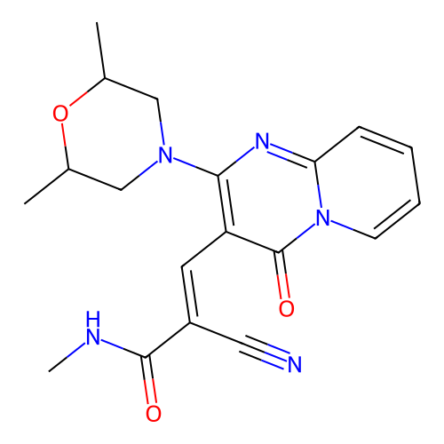 (2E)-2-cyano-3-[2-(2,6-dimethylmorpholin-4-yl)-4-oxo-4H-pyrido[1,2-a]pyrimidin-3-yl]-N-methylprop-2-enamide structure
