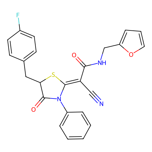 (2Z)-2-cyano-2-[5-(4-fluorobenzyl)-4-oxo-3-phenyl-1,3-thiazolidin-2-ylidene]-N-(furan-2-ylmethyl)ethanamide structure