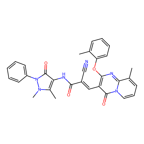 (E)-2-cyano-N-(1,5-dimethyl-3-oxo-2-phenylpyrazol-4-yl)-3-[9-methyl-2-(2-methylphenoxy)-4-oxopyrido[1,2-a]pyrimidin-3-yl]prop-2-enamide structure