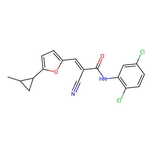 (E)-2-Cyano-N-(2,5-dichlorophenyl)-3-(5-(2-methylcyclopropyl)furan-2-yl)acrylamide structure