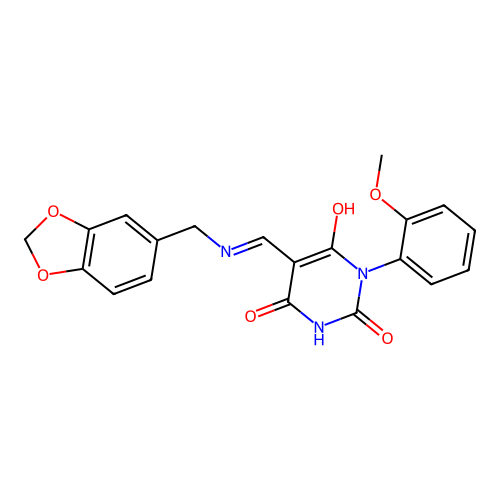 (5E)-5-[(1,3-benzodioxol-5-ylmethylamino)methylidene]-1-(2-methoxyphenyl)-1,3-diazinane-2,4,6-trione structure