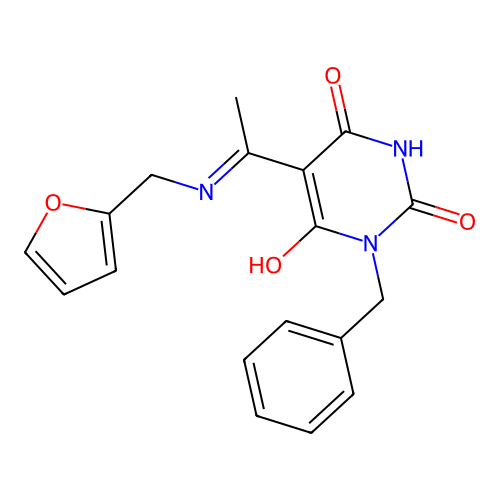 (5Z)-1-benzyl-5-[1-(furan-2-ylmethylamino)ethylidene]-1,3-diazinane-2,4,6-trione structure