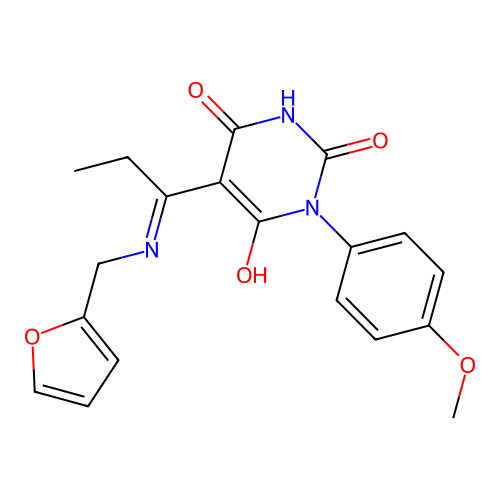 5-[1-(furan-2-ylmethylamino)propylidene]-1-(4-methoxyphenyl)-1,3-diazinane-2,4,6-trione structure