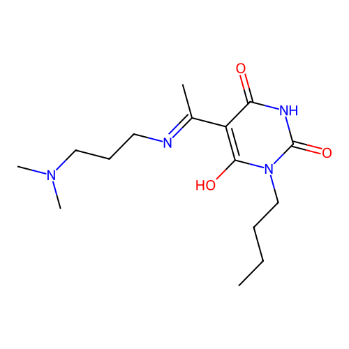 (E)-1-butyl-5-(1-((3-(dimethylamino)propyl)amino)ethylidene)pyrimidine-2,4,6(1H,3H,5H)-trione structure