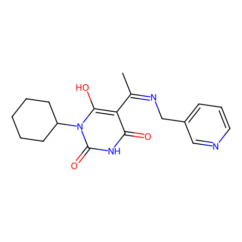 (E)-1-cyclohexyl-5-(1-((pyridin-3-ylmethyl)amino)ethylidene)pyrimidine-2,4,6(1H,3H,5H)-trione structure