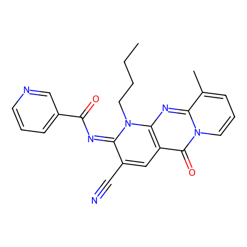 (E)-N-(1-butyl-3-cyano-10-methyl-5-oxo-1H-dipyrido[1,2-a:2',3'-d]pyrimidin-2(5H)-ylidene)nicotinamide structure