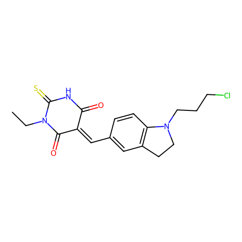 (5E)-5-[[1-(3-chloropropyl)-2,3-dihydroindol-5-yl]methylidene]-1-ethyl-2-sulfanylidene-1,3-diazinane-4,6-dione structure