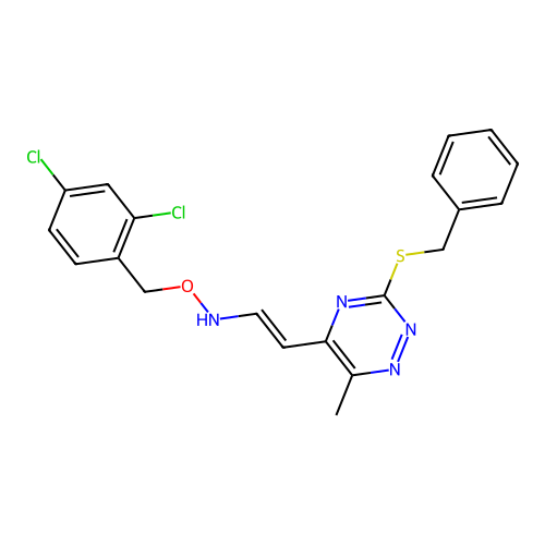 (E)-2-(3-benzylsulfanyl-6-methyl-1,2,4-triazin-5-yl)-N-[(2,4-dichlorophenyl)methoxy]ethenamine structure