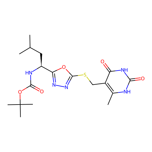 (S)-tert-butyl (3-methyl-1-(5-(((6-methyl-2,4-dioxo-1,2,3,4-tetrahydropyrimidin-5-yl)methyl)thio)-1,3,4-oxadiazol-2-yl)butyl)carbamate structure